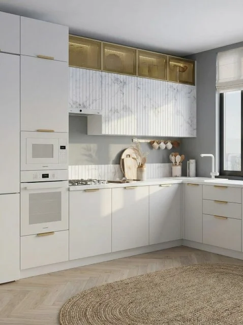 Кухонный гарнитур Рашель №1 3х1,65м белый/ золотой мрамор со столешницей, МДФ/ЛДСП